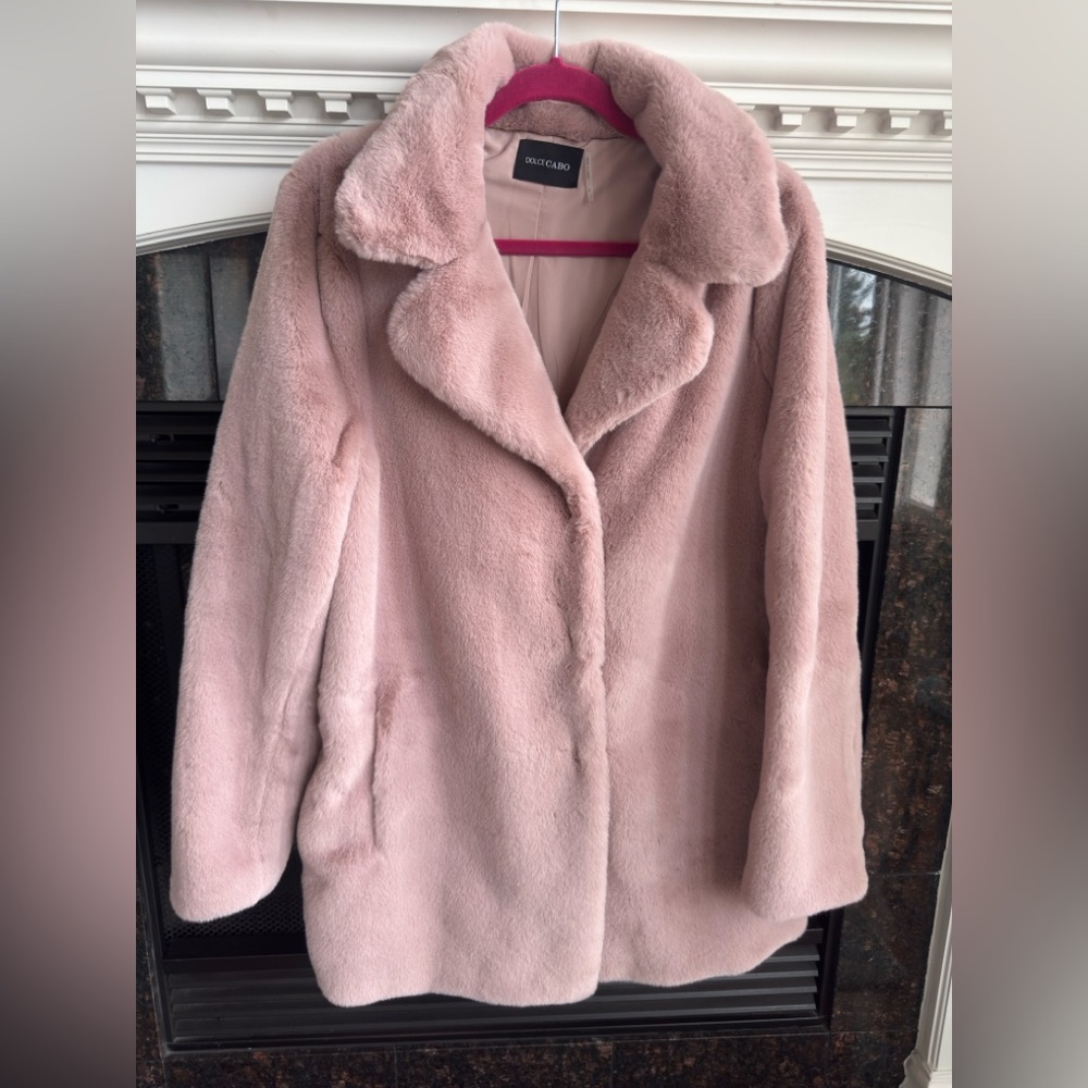 Dolce Cabo Mid Length Faux Fir Coat in Blush